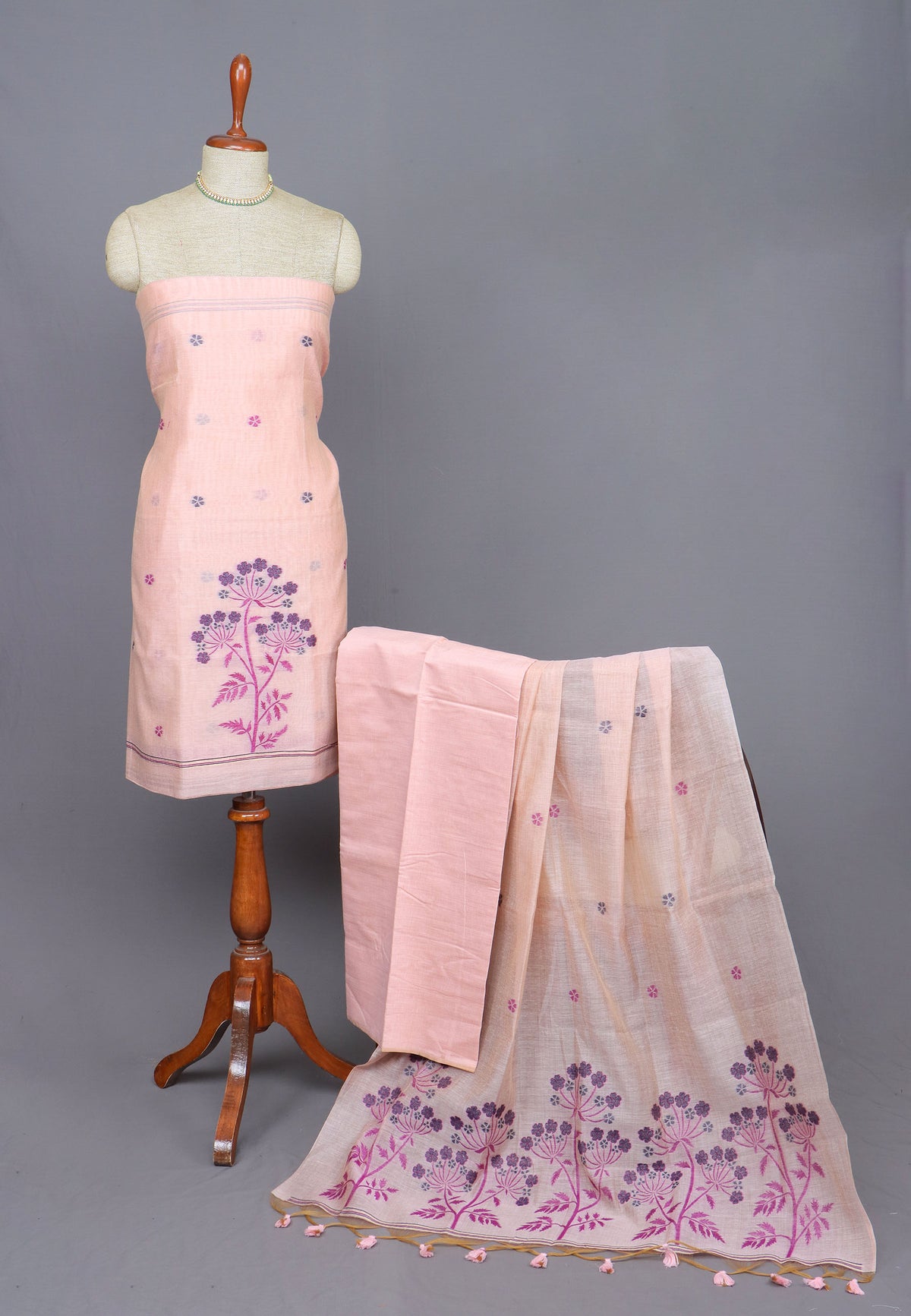 Linen Dress Meterials in peacock with embroidery works and Brown colour-(SA-006)