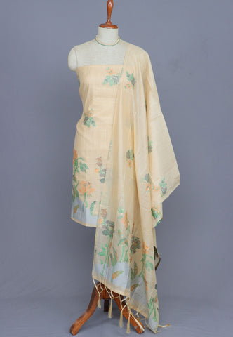 Linen Dress Meterials in peacock with embroidery works and Brown colour-(SA-010)