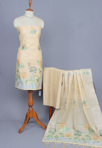 Linen Dress Meterials in peacock with embroidery works and Brown colour-(SA-010)