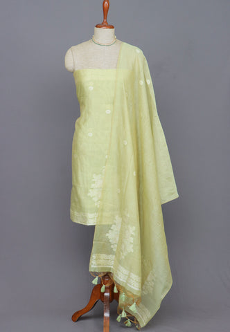 Linen Dress Meterials in peacock with embroidery works and Green Colour-(SA-028)