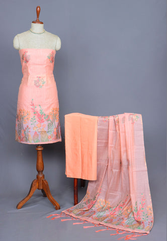 Linen Dress Meterials in peacock with embroidery works and Orange colour-(SA-012)