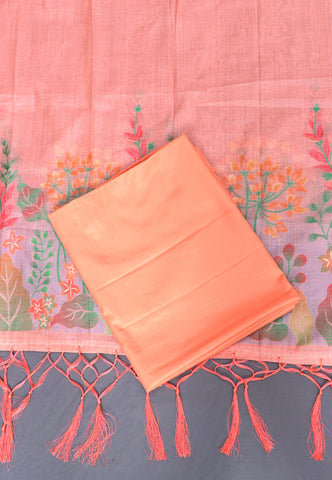 Linen Dress Meterials in peacock with embroidery works and Orange colour-(SA-012)