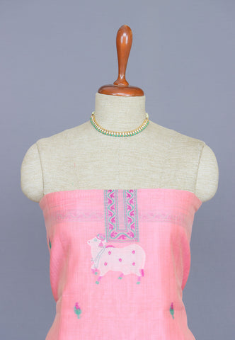 Linen Dress Meterials in peacock with embroidery works and Pink colour-(SA-017)