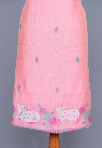 Linen Dress Meterials in peacock with embroidery works and Pink colour-(SA-017)