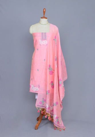 Linen Dress Meterials in peacock with embroidery works and Pink colour-(SA-017)