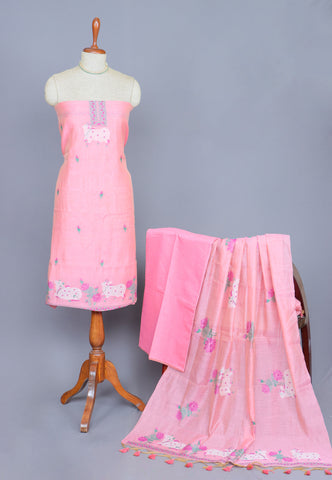 Linen Dress Meterials in peacock with embroidery works and Pink colour-(SA-017)