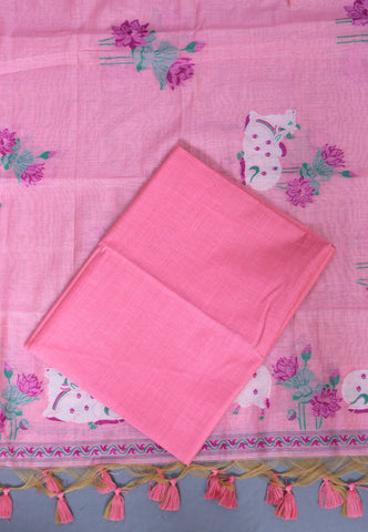 Linen Dress Meterials in peacock with embroidery works and Pink colour-(SA-017)