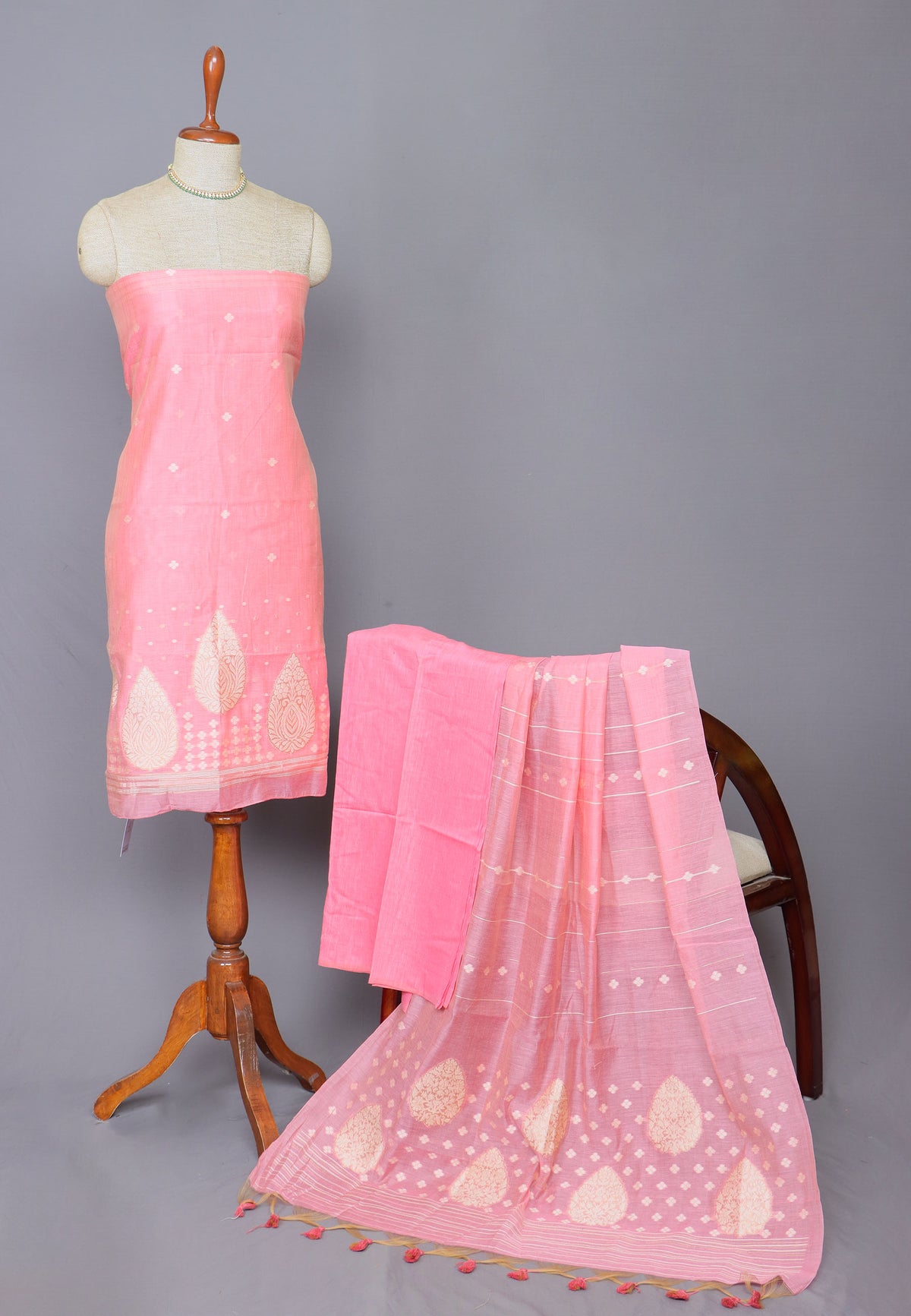 Linen Dress Meterials in peacock with embroidery works and Pink colour-(SA-018)