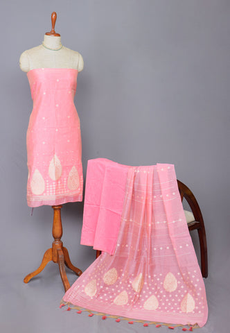 Linen Dress Meterials in peacock with embroidery works and Pink colour-(SA-018)