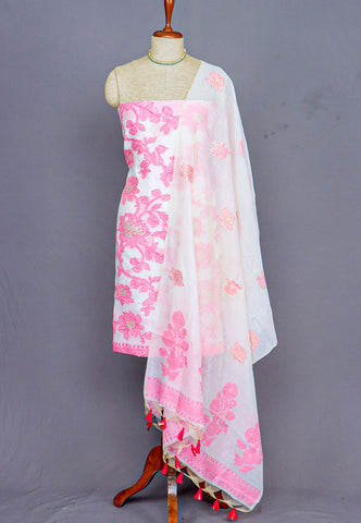 Linen Dress Meterials in peacock with embroidery works and Pink Colour-(SA-001)
