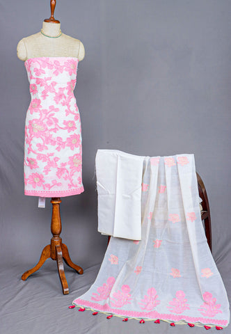 Linen Dress Meterials in peacock with embroidery works and Pink Colour-(SA-001)