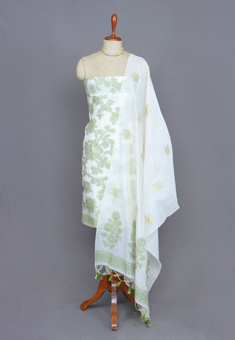 Linen Dress Meterials in peacock with embroidery works and Green Colour-(SA-023)