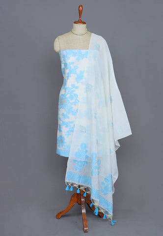 Linen Dress Meterials in peacock with embroidery works and Blue Colour-(SA-024)
