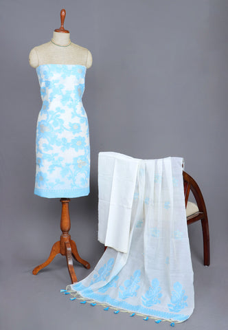 Linen Dress Meterials in peacock with embroidery works and Blue Colour-(SA-024)