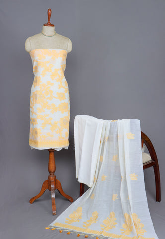 Linen Dress Meterials in peacock with embroidery works and Yellow colour-(SA-022)