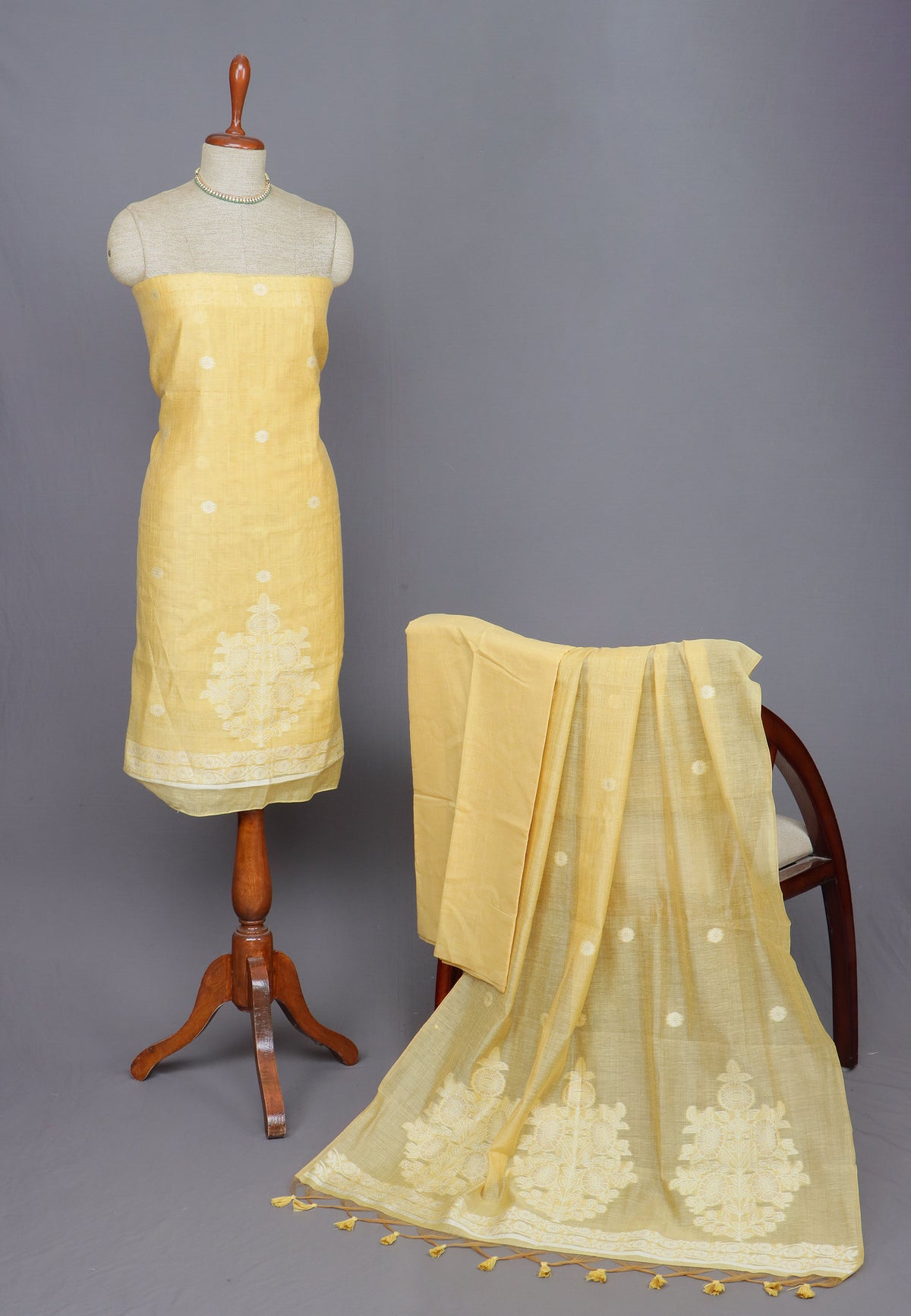 Linen Dress Meterials in peacock with embroidery works and Beige Colour-SA(026)