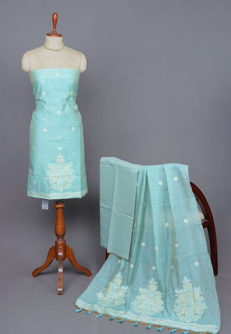 Linen Dress Meterials in peacock with embroidery works and Sky Blue Colour-SA(025)