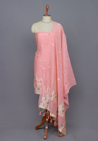 Linen Dress Meterials in peacock with embroidery works and Cream Colour-(SA-030)