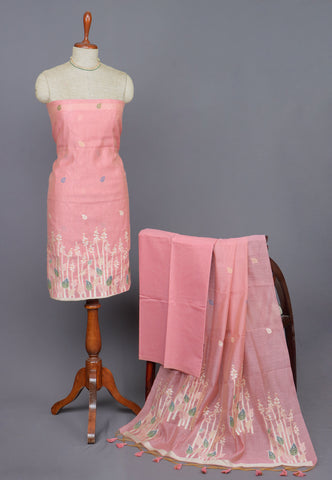 Linen Dress Meterials in peacock with embroidery works and Cream Colour-(SA-030)