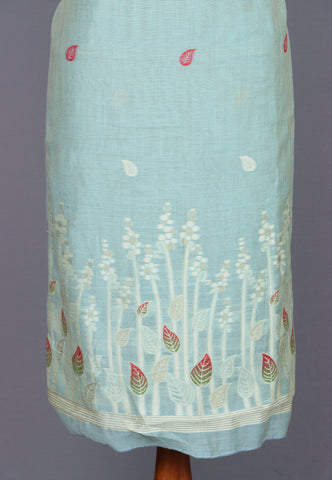 Linen Dress Meterials in peacock with embroidery works and Green Colour-(SA-031)
