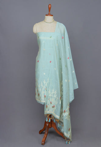 Linen Dress Meterials in peacock with embroidery works and Green Colour-(SA-031)