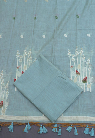 Linen Dress Meterials in peacock with embroidery works and Green Colour-(SA-031)