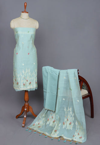 Linen Dress Meterials in peacock with embroidery works and Green Colour-(SA-031)
