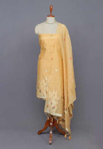 Linen Dress Meterials in peacock with embroidery works and Brown Colour-(SA-029)