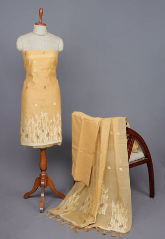 Linen Dress Meterials in peacock with embroidery works and Brown Colour-(SA-029)