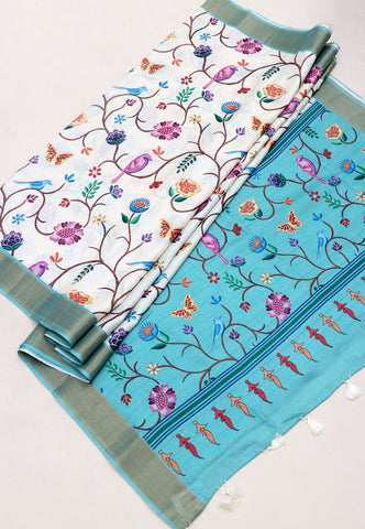 Magic Mudra Saree with White Colour and Border With Blue Shade-(SA-621)