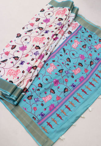 Magic Mudra Saree with Cream Colour and Border With Blue Shade-(SA-624)
