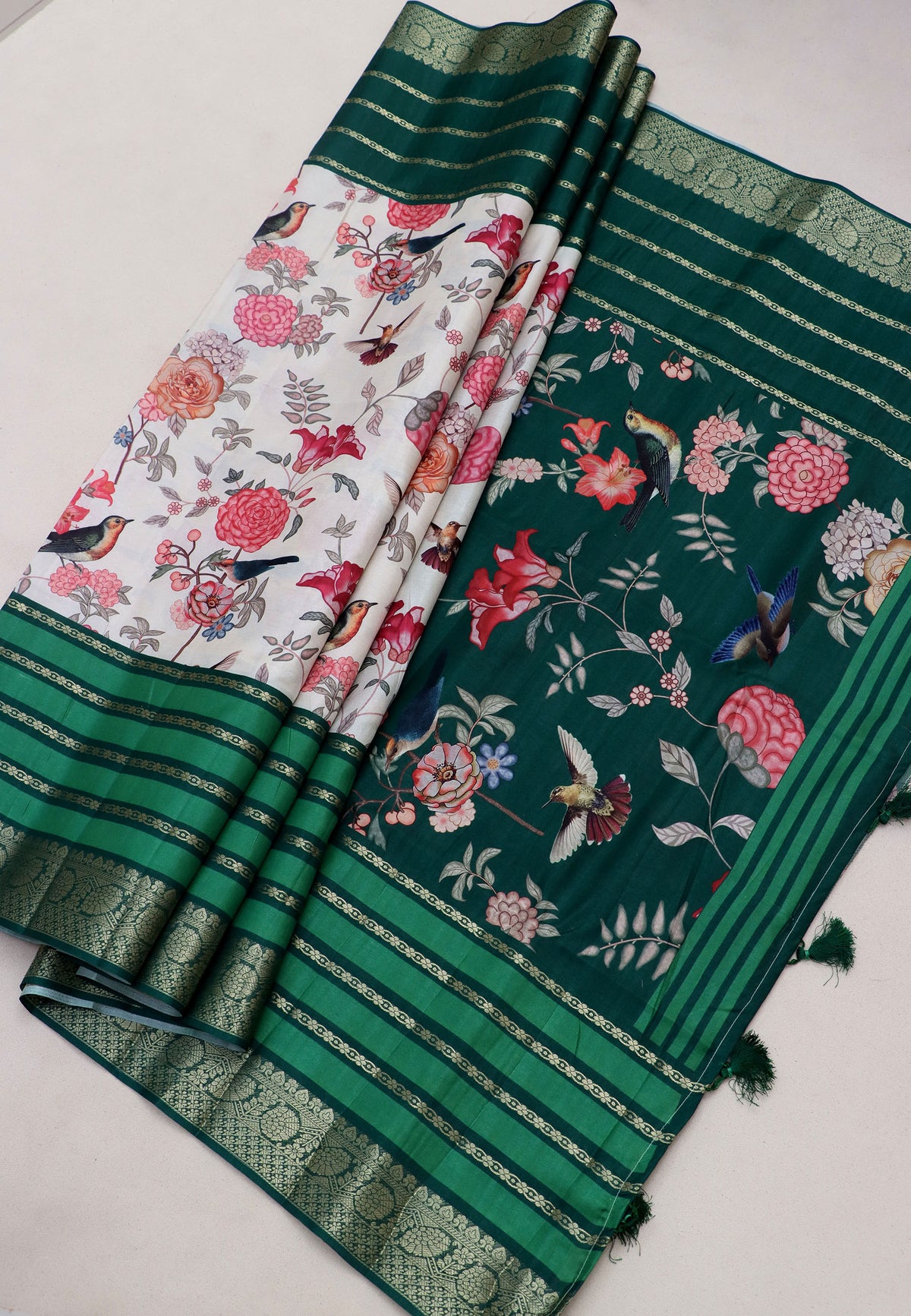 Magic Mudra Saree with Cream Colour and Border With Green Shade-(SA-656)