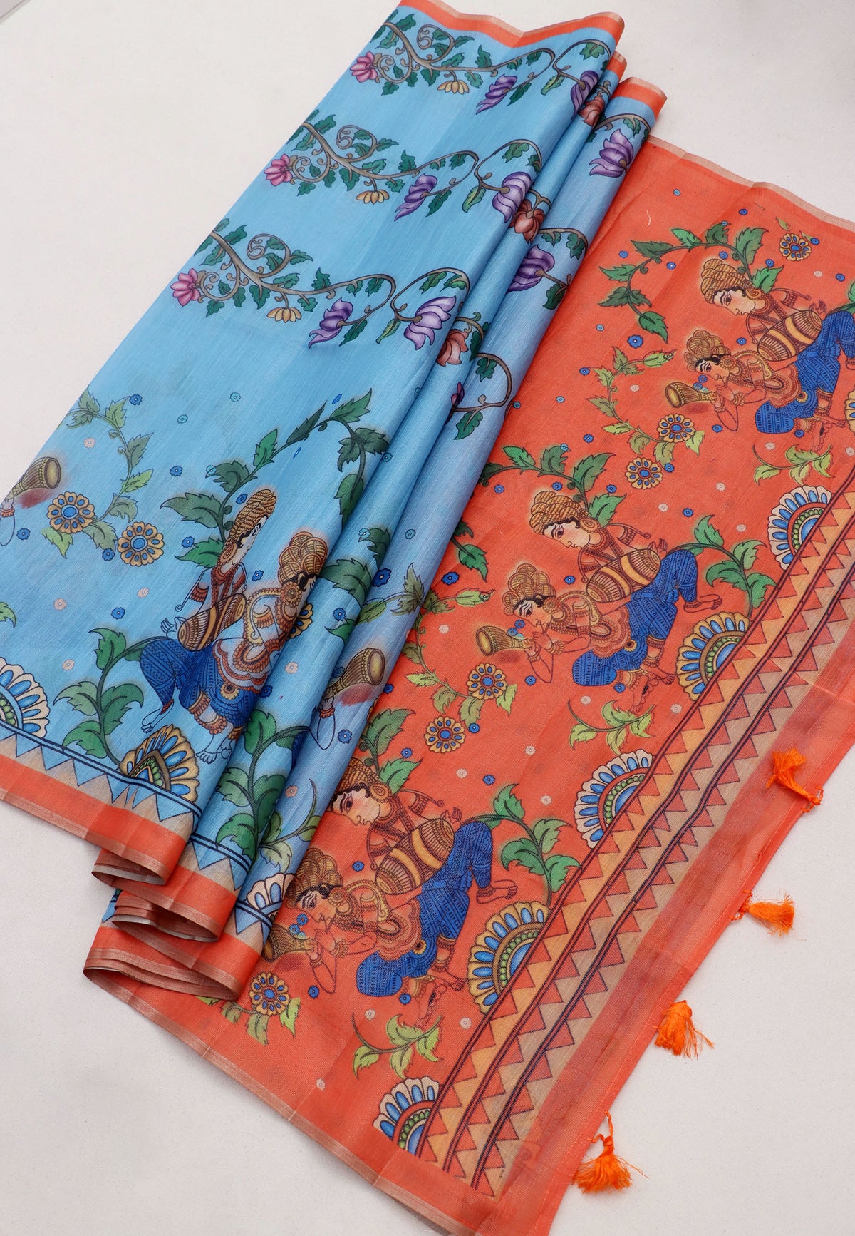 Magic Mudra Saree with Blue Colour and Border With Orange Shade-(SA-657)