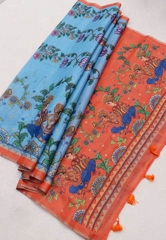 Magic Mudra Saree with Blue Colour and Border With Orange Shade-(SA-657)