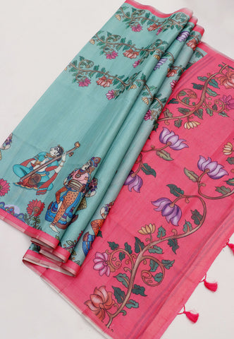 Magic Mudra Saree with Green Colour and Border With Pink Shade-(SA-660)