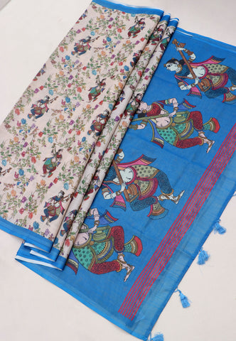 Magic Mudra Saree with Cream Colour and Border With Blue Shade-(SA-664)