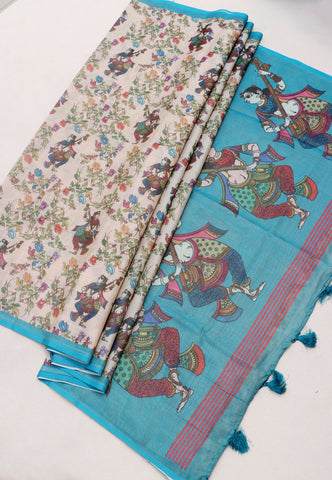 Magic Mudra Saree with Cream Colour and Border With Blue Shade-(SA-663)