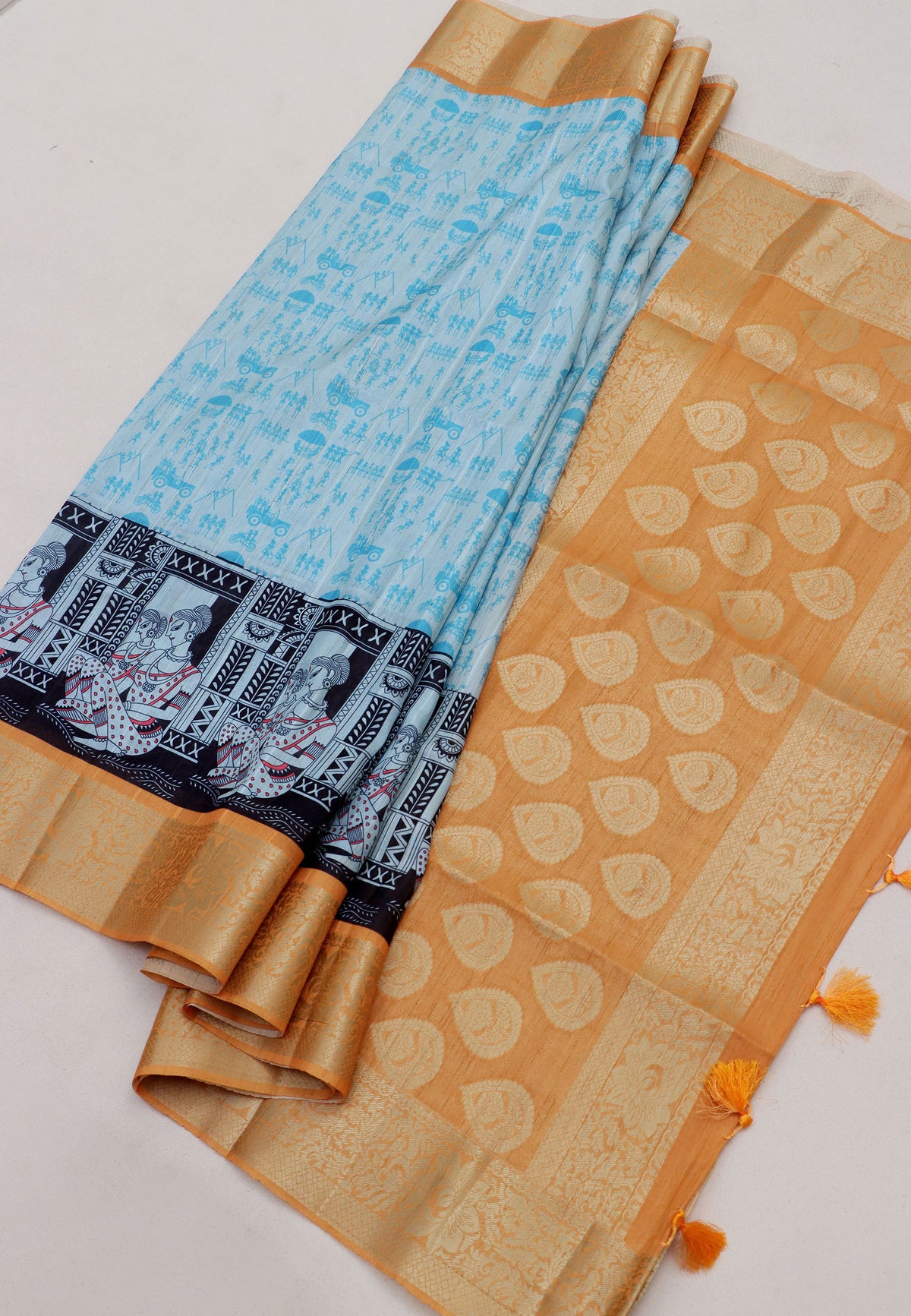 Magic Mudra Saree with Blue Colour and Border With Orange Shade-(SA-670)