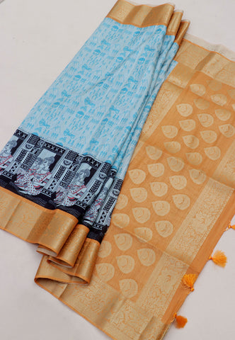 Magic Mudra Saree with Blue Colour and Border With Orange Shade-(SA-670)