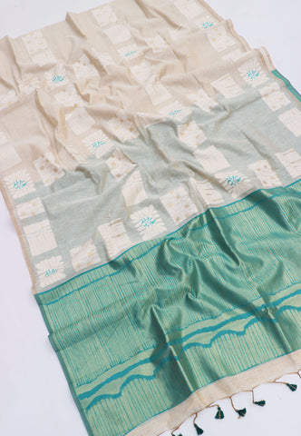 Fancy Saree With Cream Collur and Border with Green Shade - (SA-338)