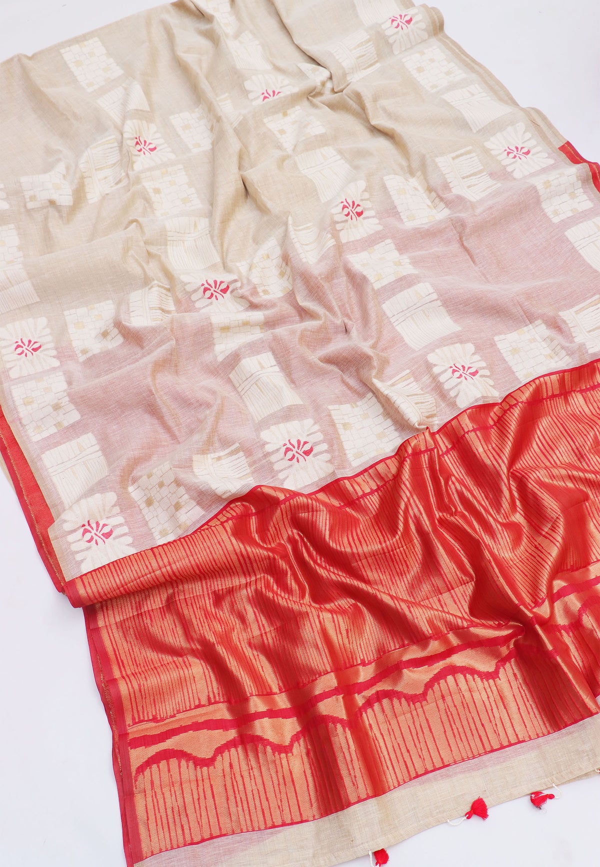 Fancy Saree With Cream Collur and Border with Red Shade - (SA-336)