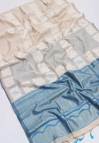 Fancy Saree With Cream Collur and Border with Blue Shade - (SA-337)