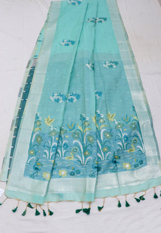 Samyoga Saree with Blue Colour and Border With Silver Shade-(SA-683)