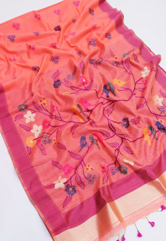 Fancy Saree With Red Collur and Border with Gold Shade - (SA-346)