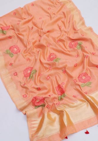 Fancy Saree With Orange Collur and Border with Gold Shade - (SA-341)
