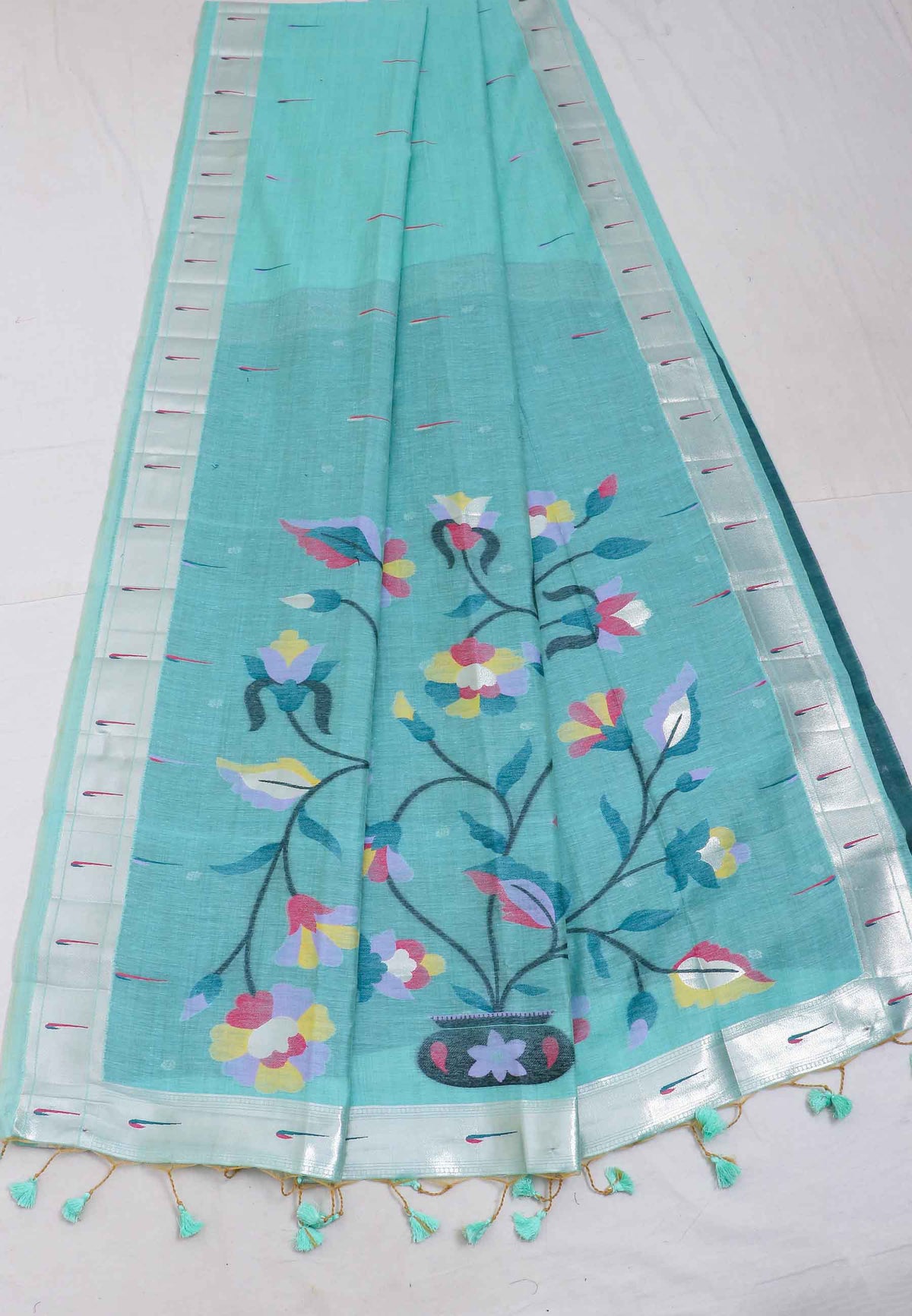 Samyoga Saree with Blue Colour and Border With Silver Shade-(SA-684)