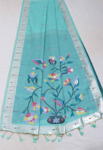 Samyoga Saree with Blue Colour and Border With Silver Shade-(SA-684)