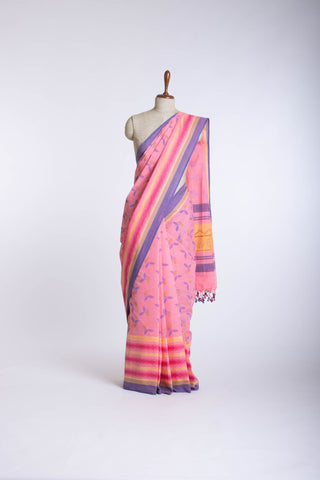 Chettinadu Cotton Saree in Lime Green and unique Block print motif -(SA-115)