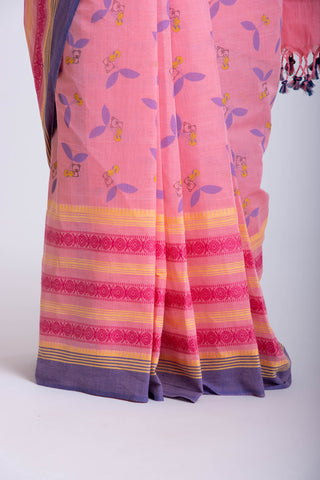Chettinadu Cotton Saree in Lime Green and unique Block print motif -(SA-115)