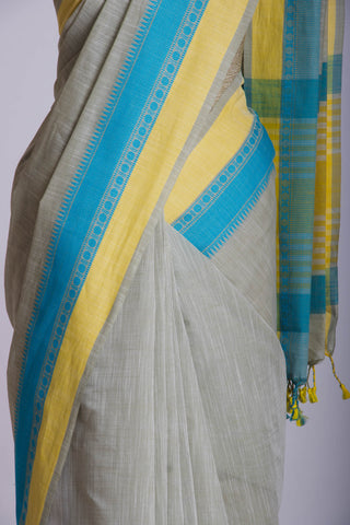 Cloud Grey with white slub effect Mangalagiri cotton saree-2 - (SA-065) - Dakshin Weaves